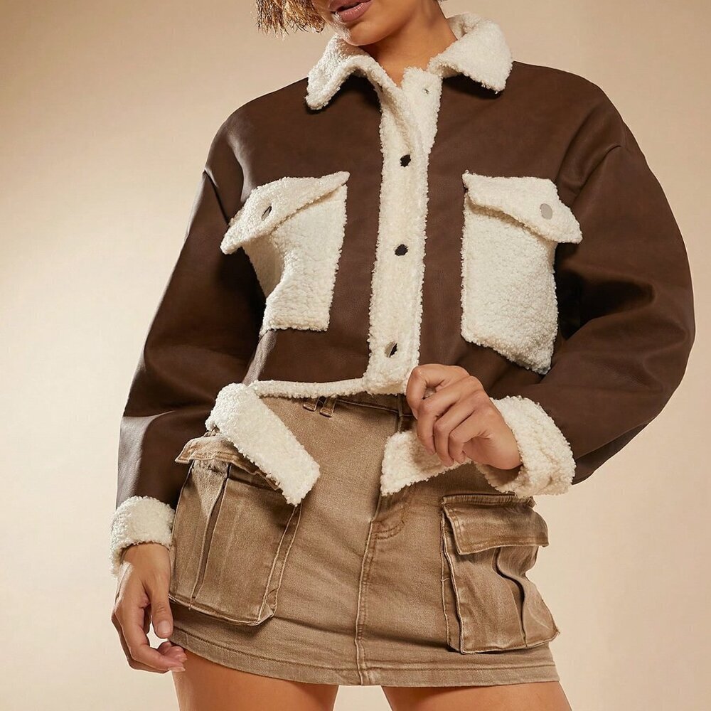 Brown Casual Women's Contrast Teddy Crop Jacket